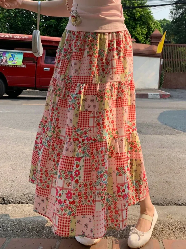 TAVIMART  -  Printed Floral Skirt Womens Mid Long Skirts 2024 Summer Mori Girl Style Lolita High Waisted Ruffle Pink Skirt