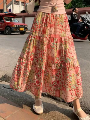TAVIMART  -  Printed Floral Skirt Womens Mid Long Skirts 2024 Summer Mori Girl Style Lolita High Waisted Ruffle Pink Skirt