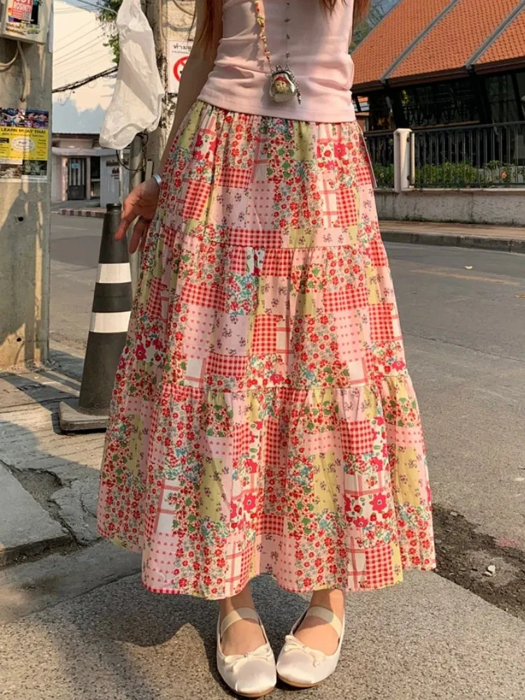 TAVIMART  -  Printed Floral Skirt Womens Mid Long Skirts 2024 Summer Mori Girl Style Lolita High Waisted Ruffle Pink Skirt