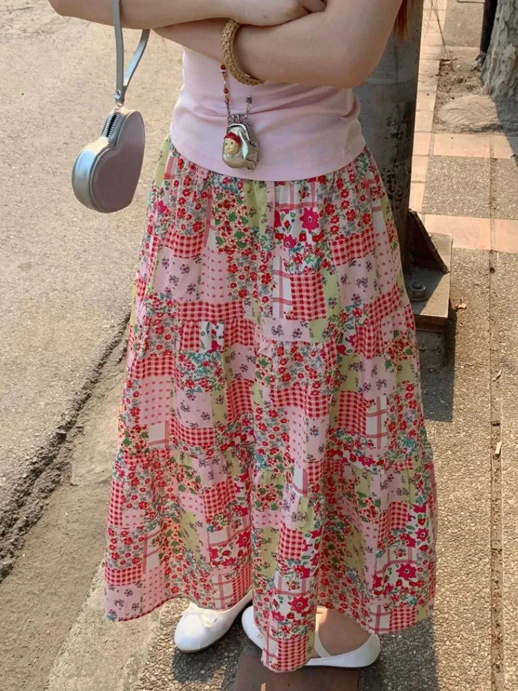 TAVIMART  -  Printed Floral Skirt Womens Mid Long Skirts 2024 Summer Mori Girl Style Lolita High Waisted Ruffle Pink Skirt