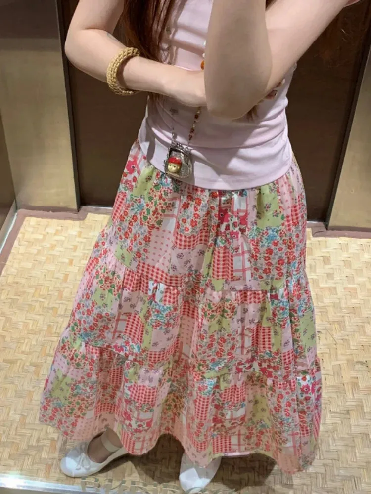 TAVIMART  -  Printed Floral Skirt Womens Mid Long Skirts 2024 Summer Mori Girl Style Lolita High Waisted Ruffle Pink Skirt
