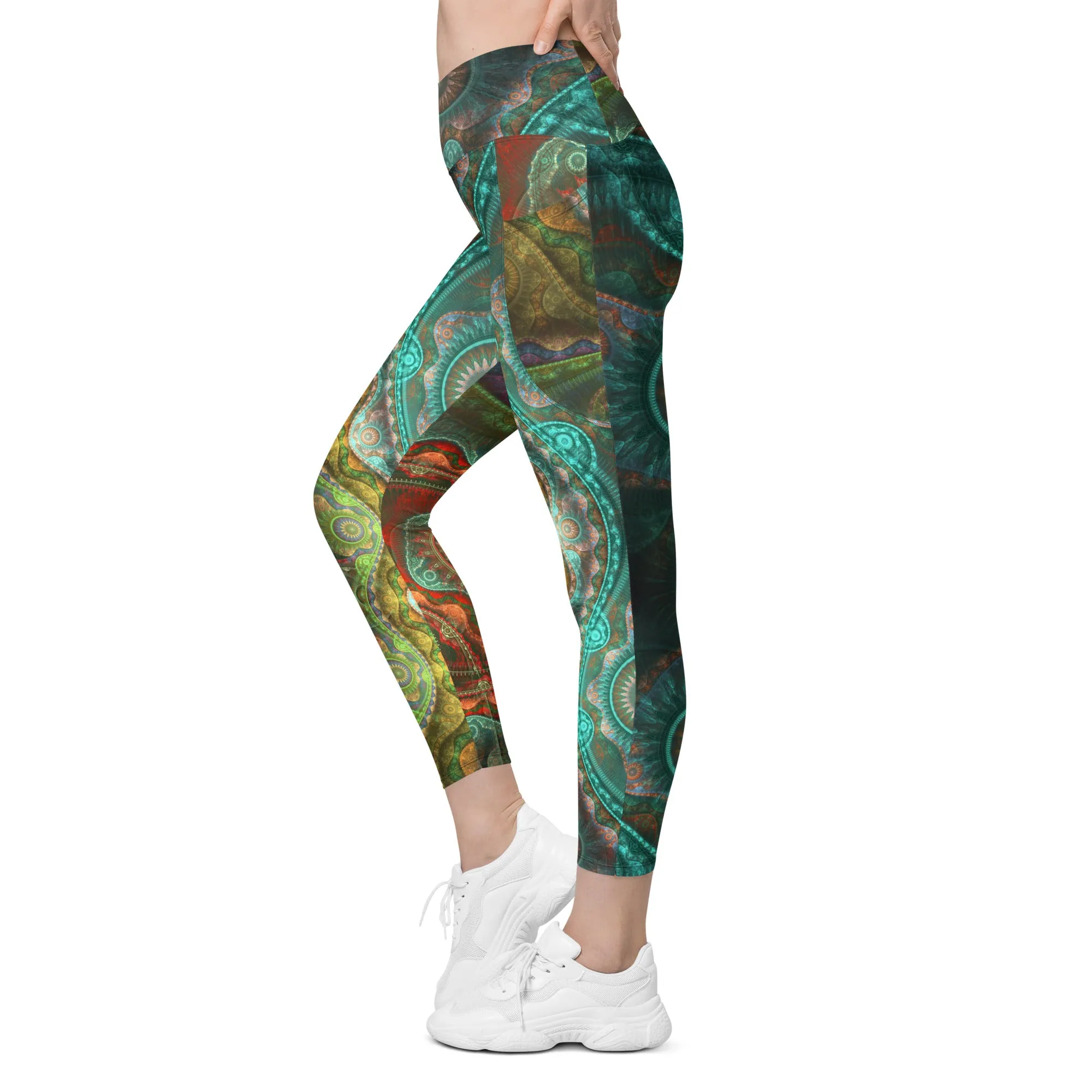 Teal Mandala Crossover leggings with pockets