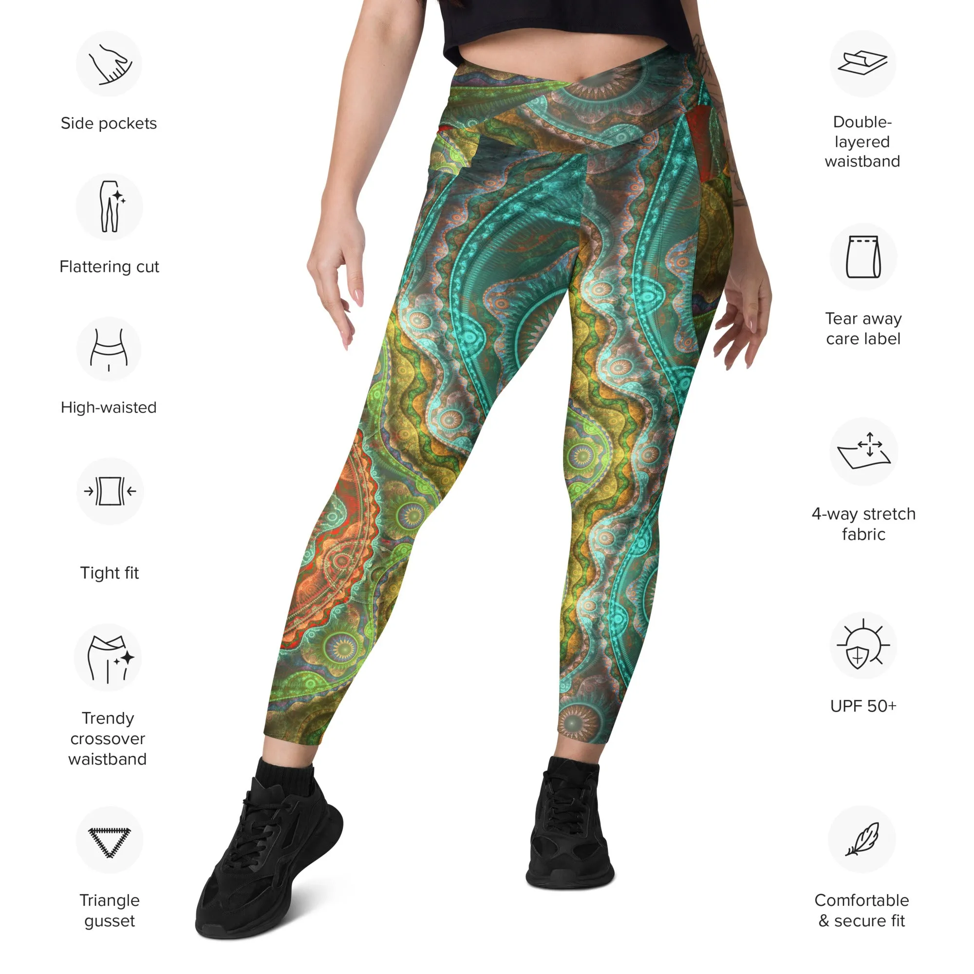 Teal Mandala Crossover leggings with pockets
