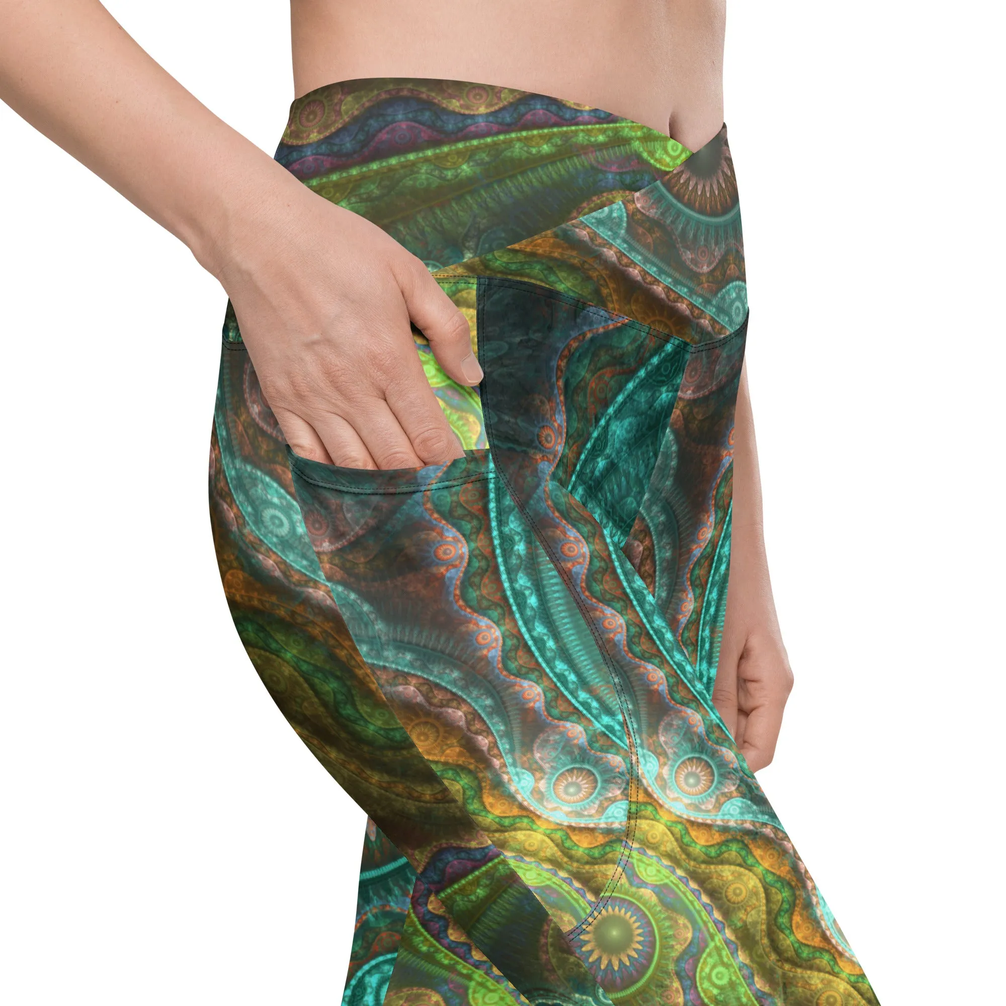 Teal Mandala Crossover leggings with pockets