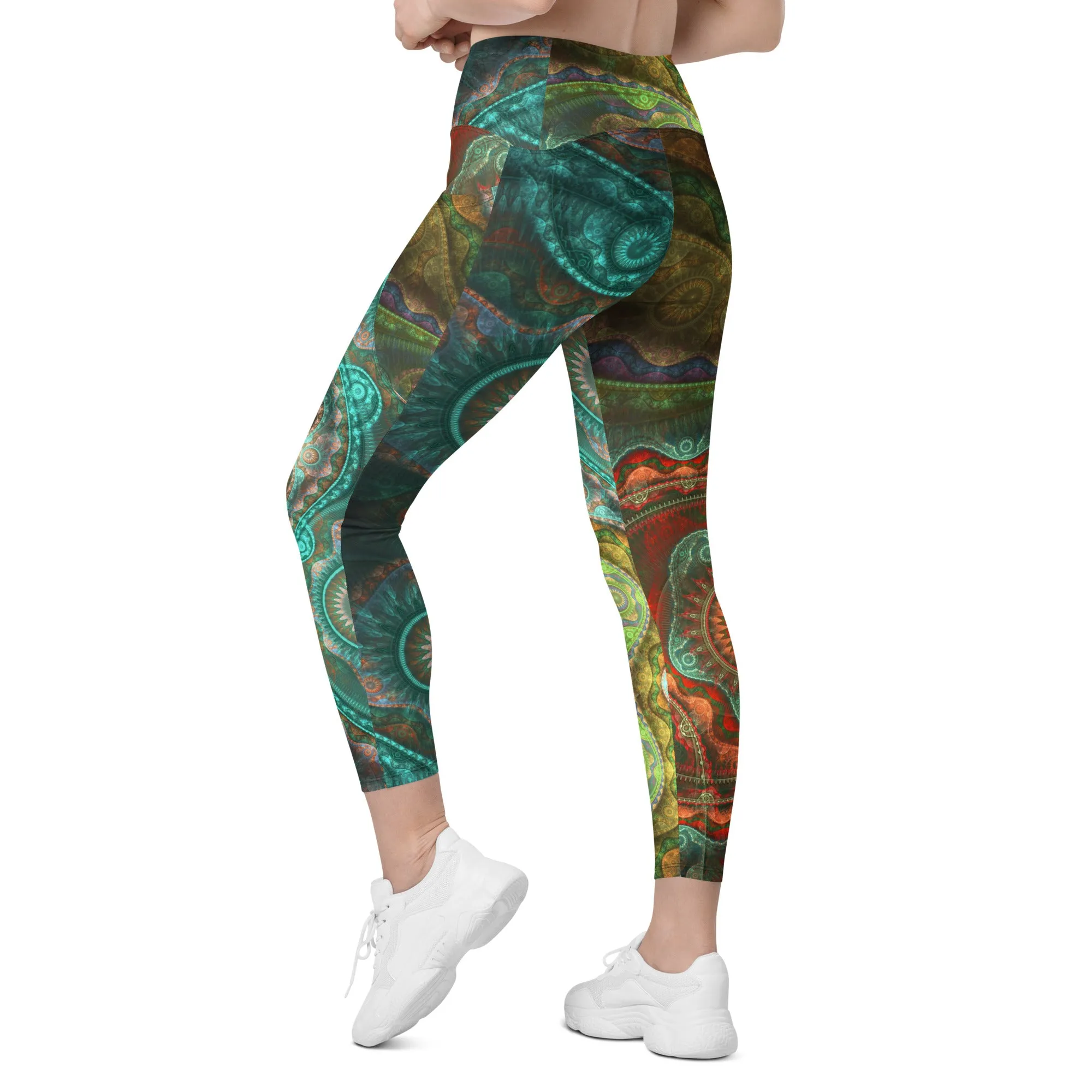Teal Mandala Crossover leggings with pockets