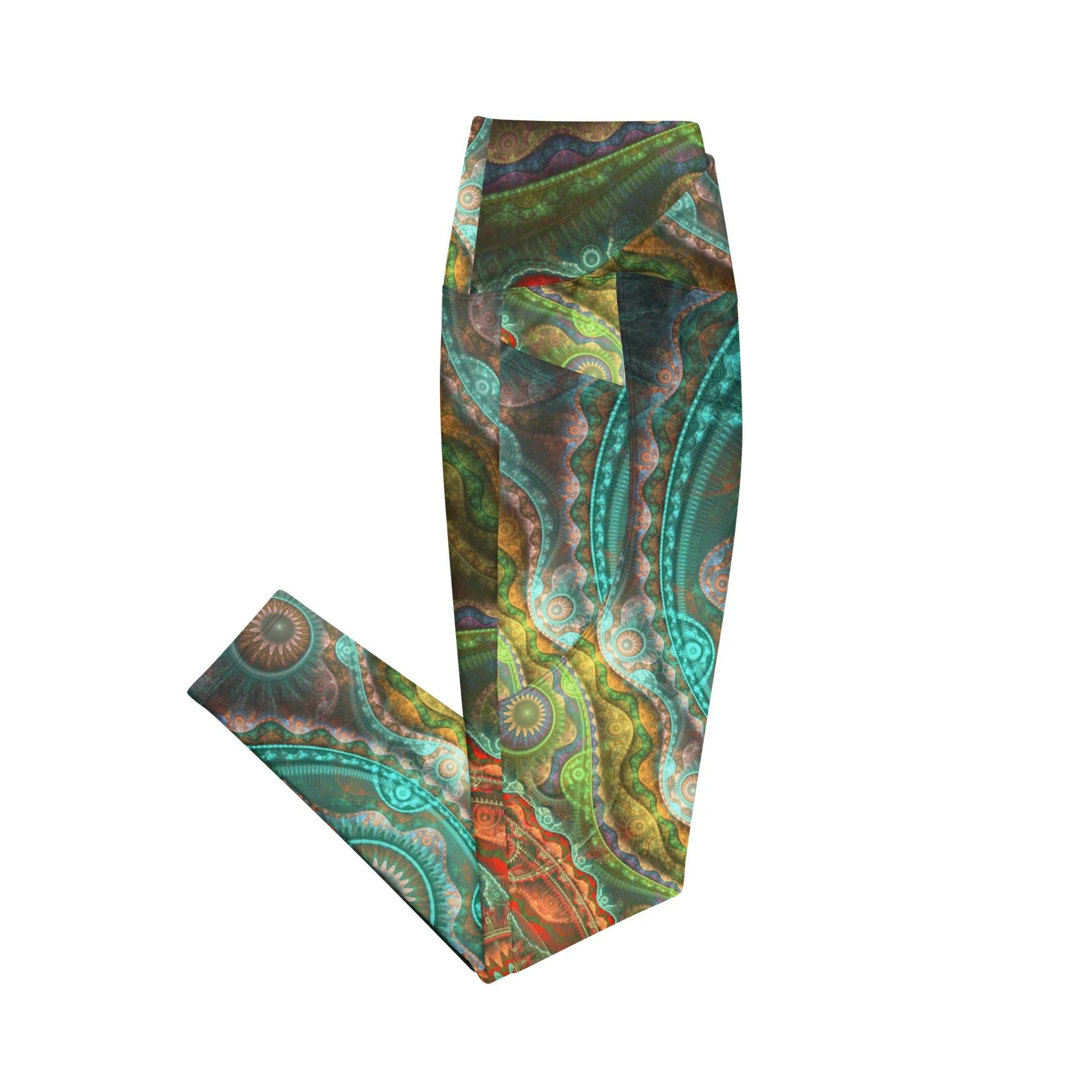 Teal Mandala Crossover leggings with pockets