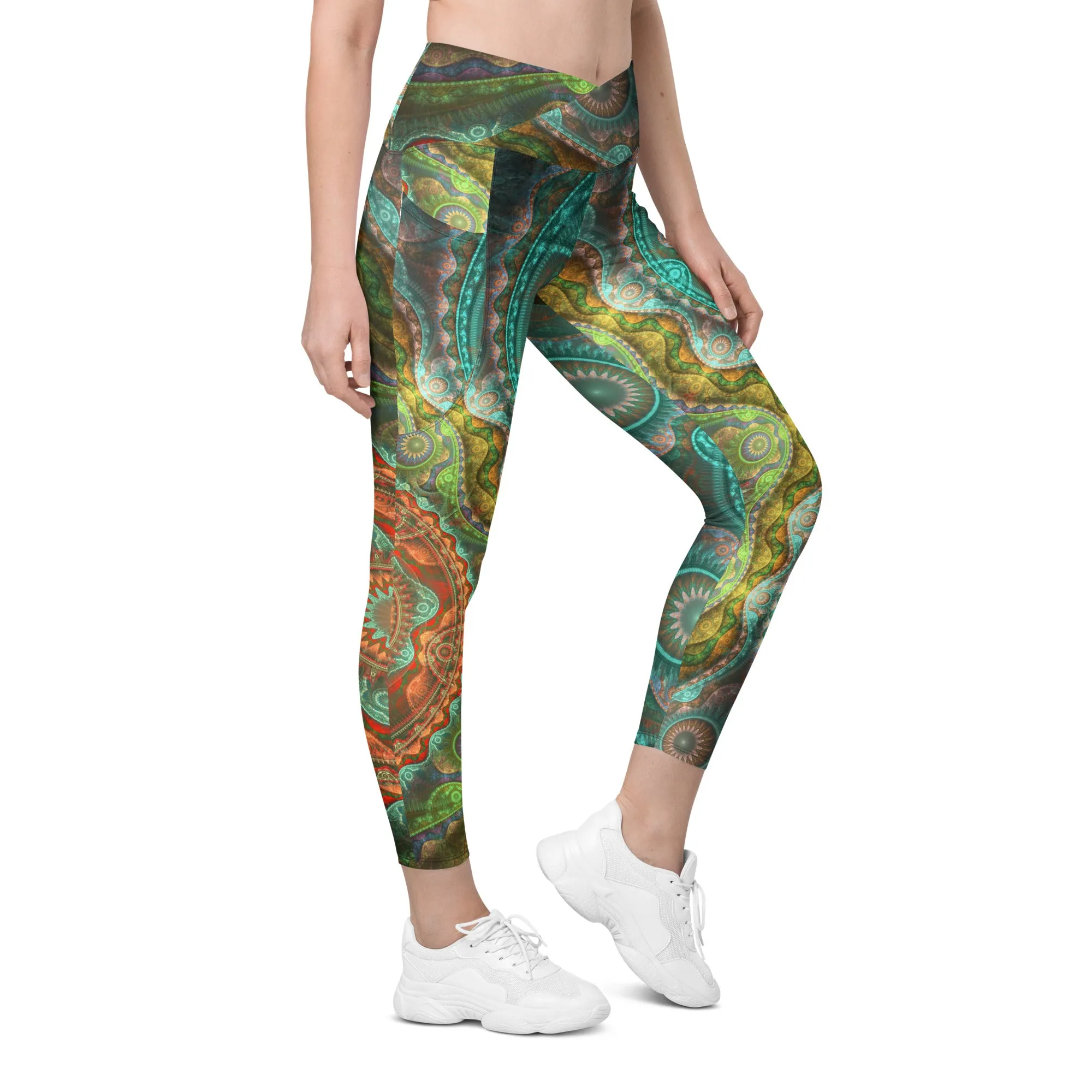 Teal Mandala Crossover leggings with pockets