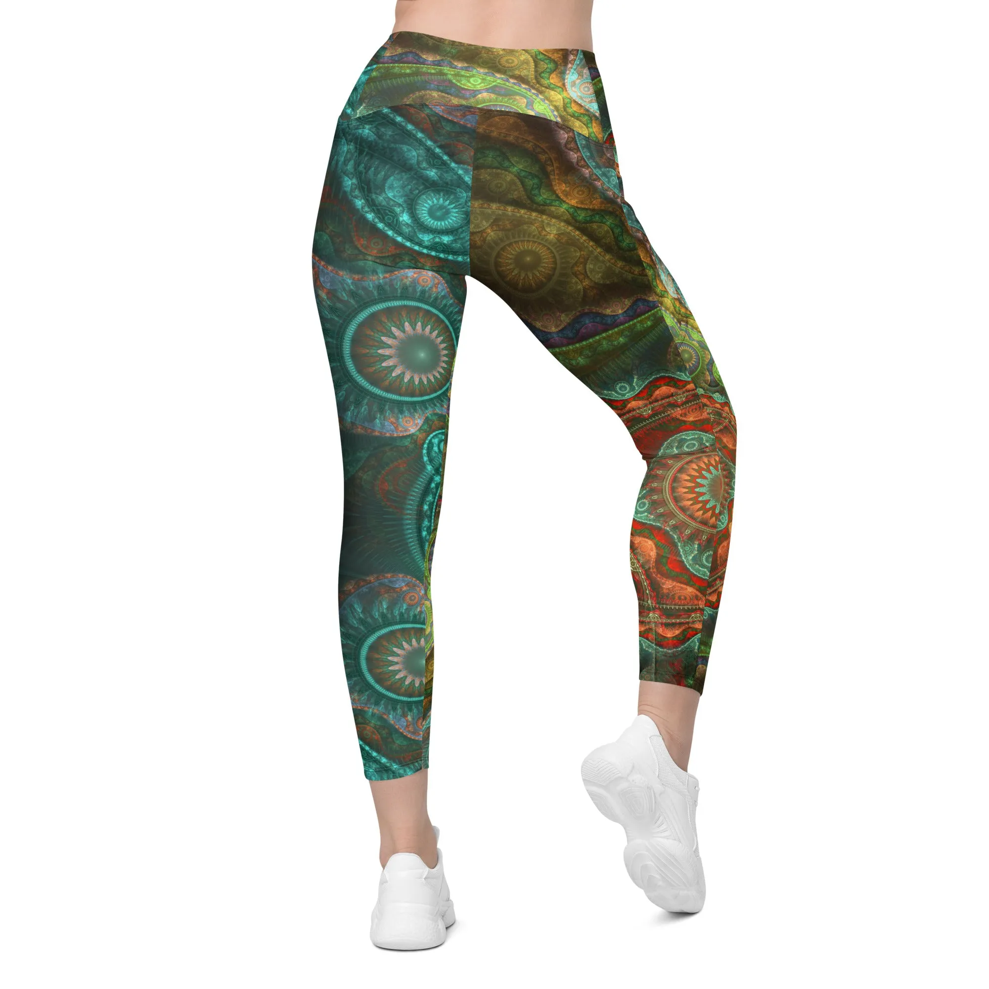 Teal Mandala Crossover leggings with pockets
