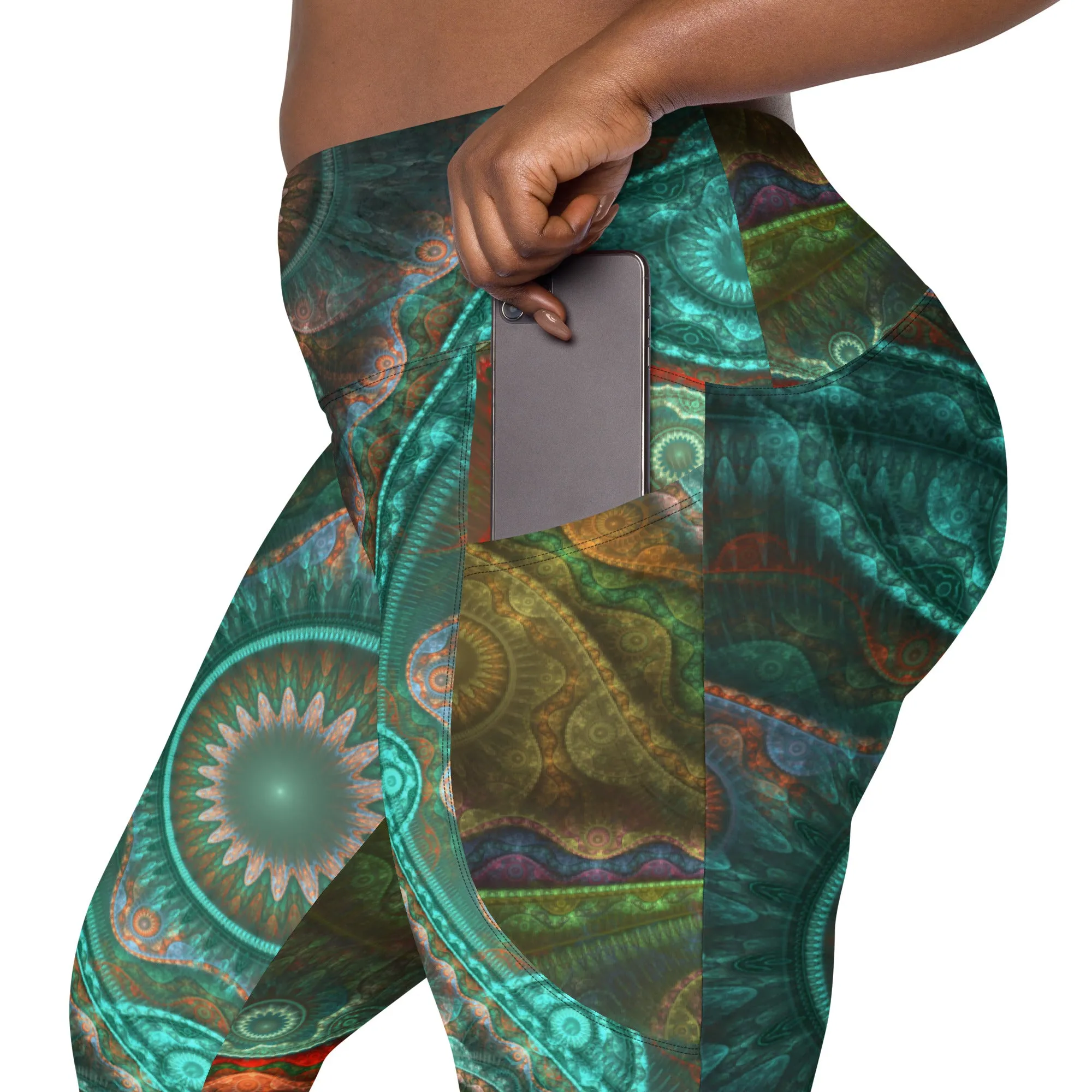 Teal Mandala Crossover leggings with pockets
