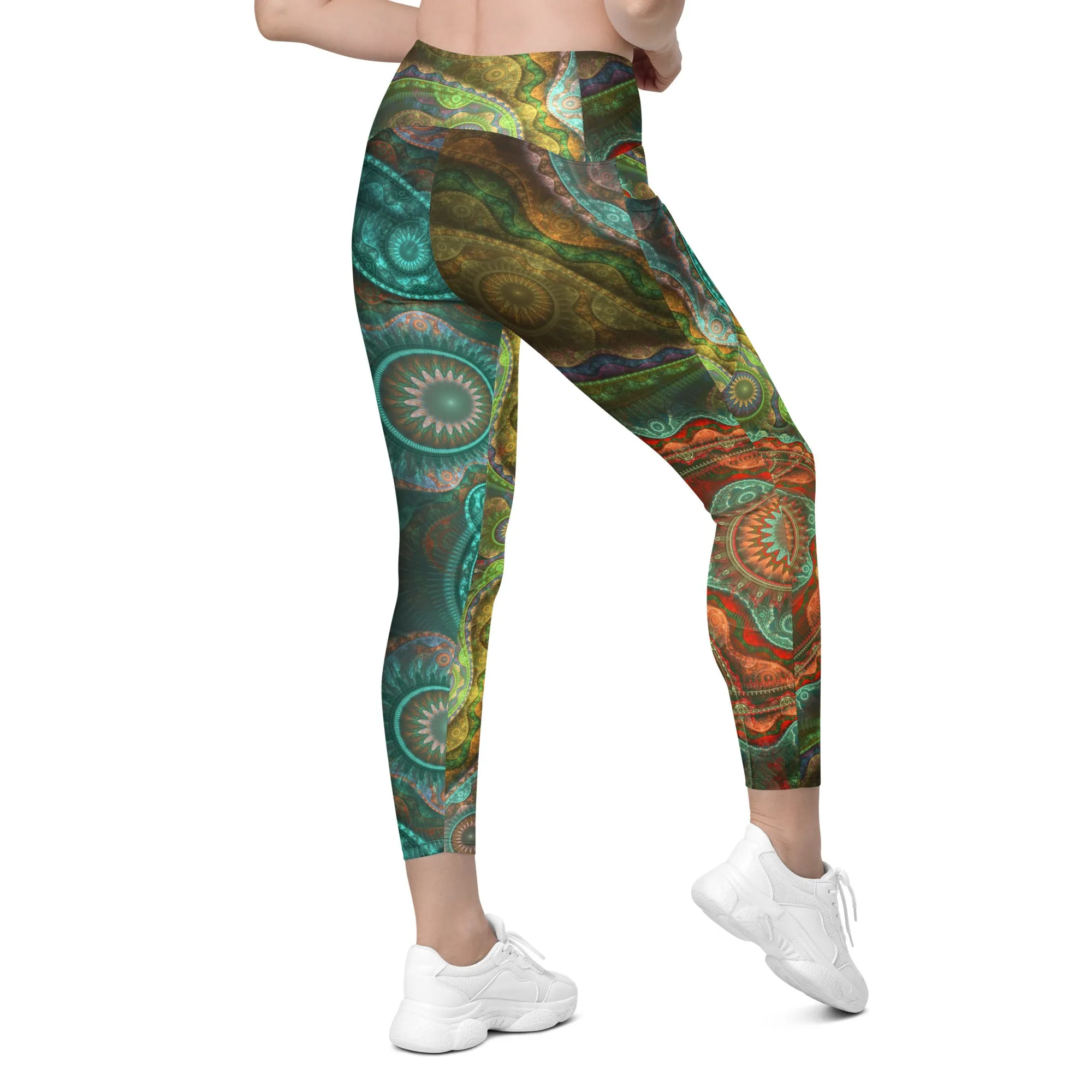 Teal Mandala Crossover leggings with pockets