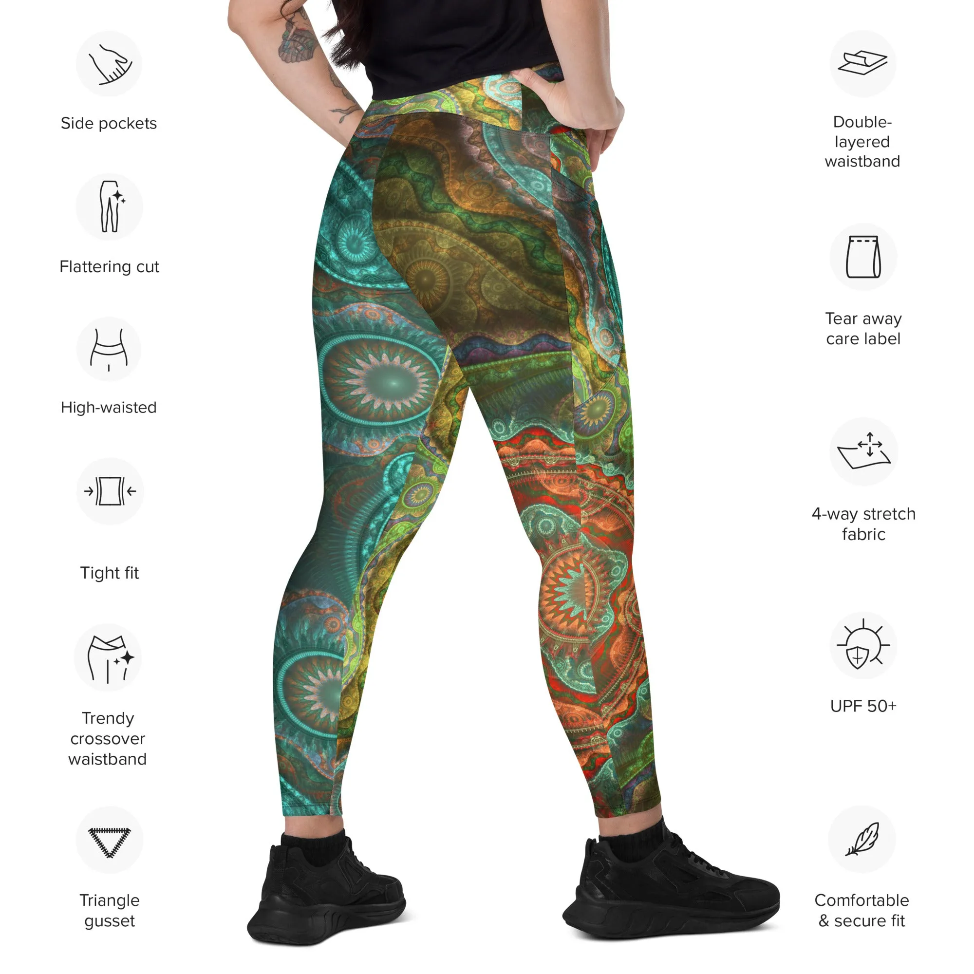 Teal Mandala Crossover leggings with pockets