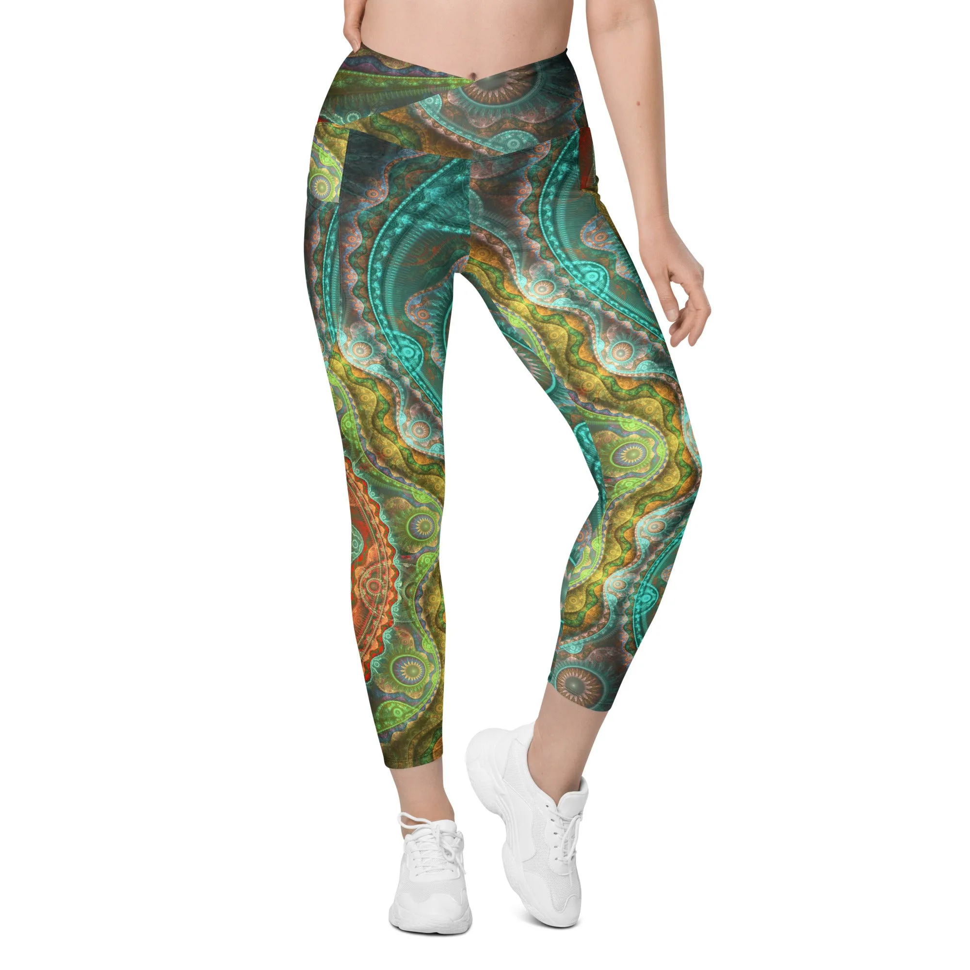 Teal Mandala Crossover leggings with pockets