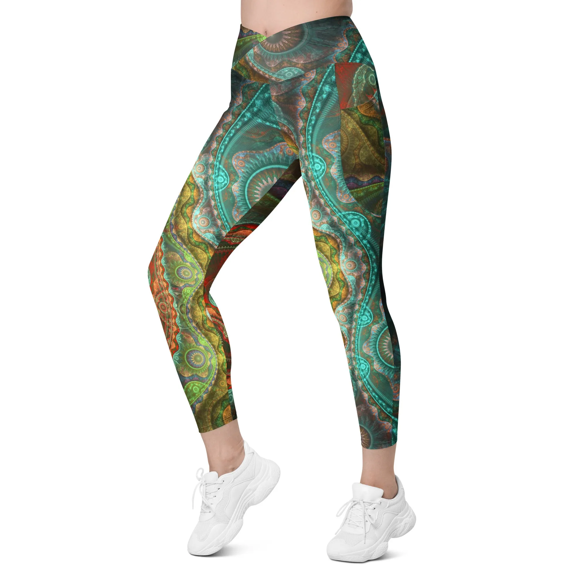 Teal Mandala Crossover leggings with pockets