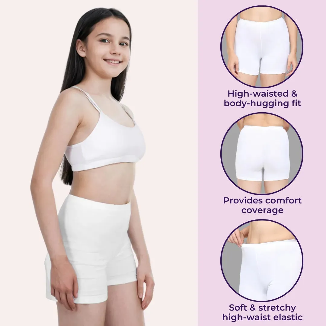 Teen Shorties | Thigh Length | High Waist | Full Coverage | Chafe Free | 4 Pack