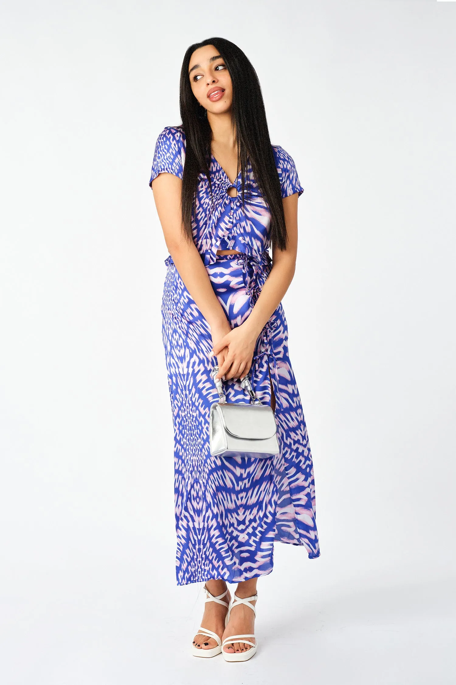 Tie Dye Spiral Print Slit Side Midi Skirt
