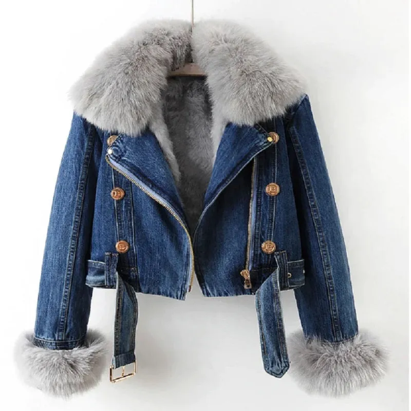 Trisha - casual denim jacket with fur collar