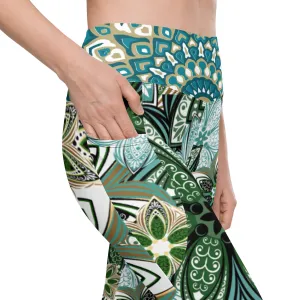 Turquoise and Green Geometric Flowers Leggings with pockets