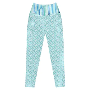 Turquoise Watercolor Dots and Stripes Crossover leggings with pockets