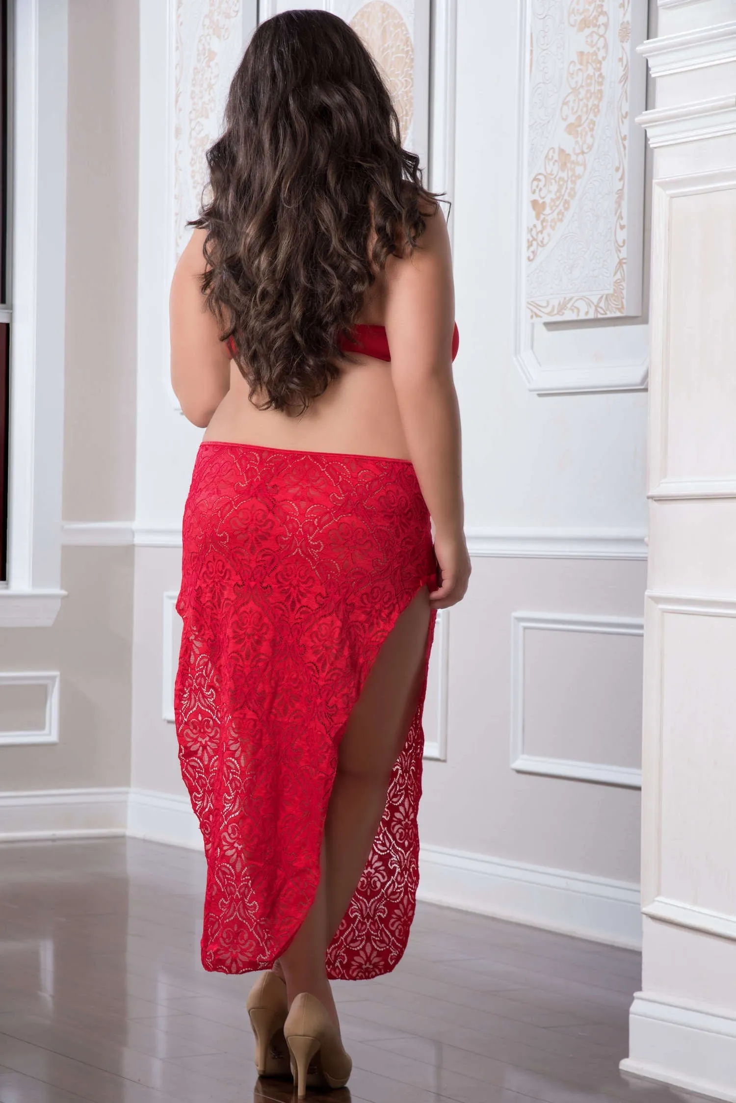 Two Piece Shoulder-Baring Laced Night Dress Curvy Size