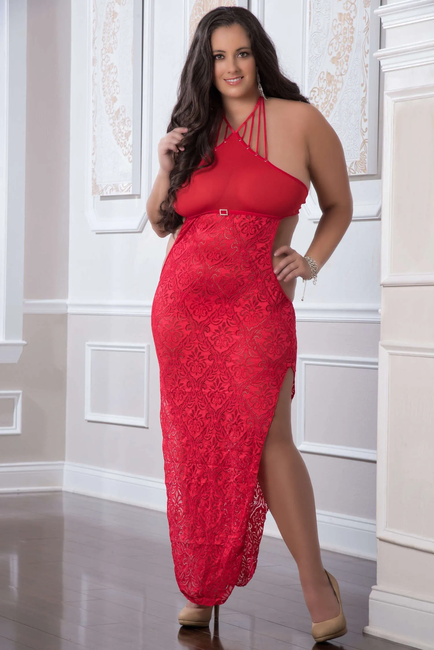 Two Piece Shoulder-Baring Laced Night Dress Curvy Size
