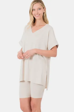V-Neck Short Sleeve Slit T-Shirt and Shorts Set