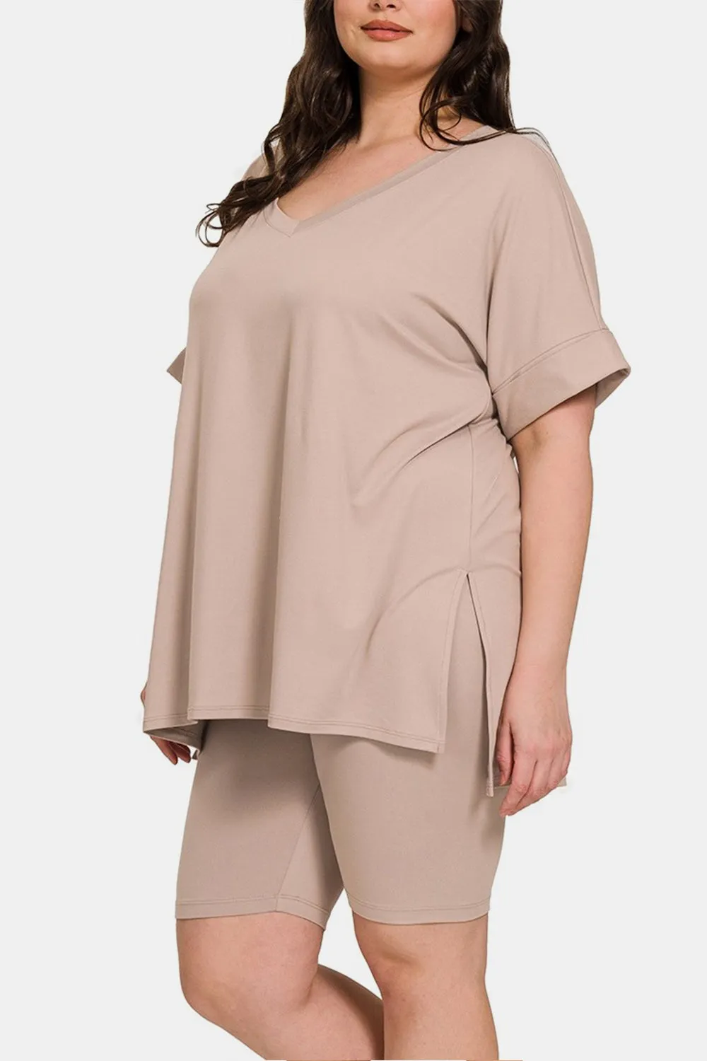 V-Neck Short Sleeve Slit T-Shirt and Shorts Set
