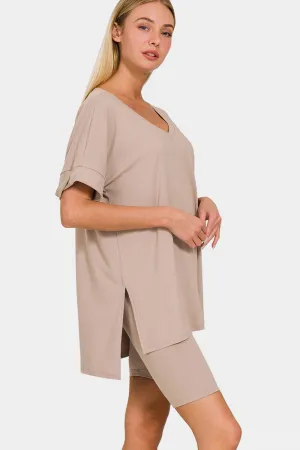 V-Neck Short Sleeve Slit T-Shirt and Shorts Set