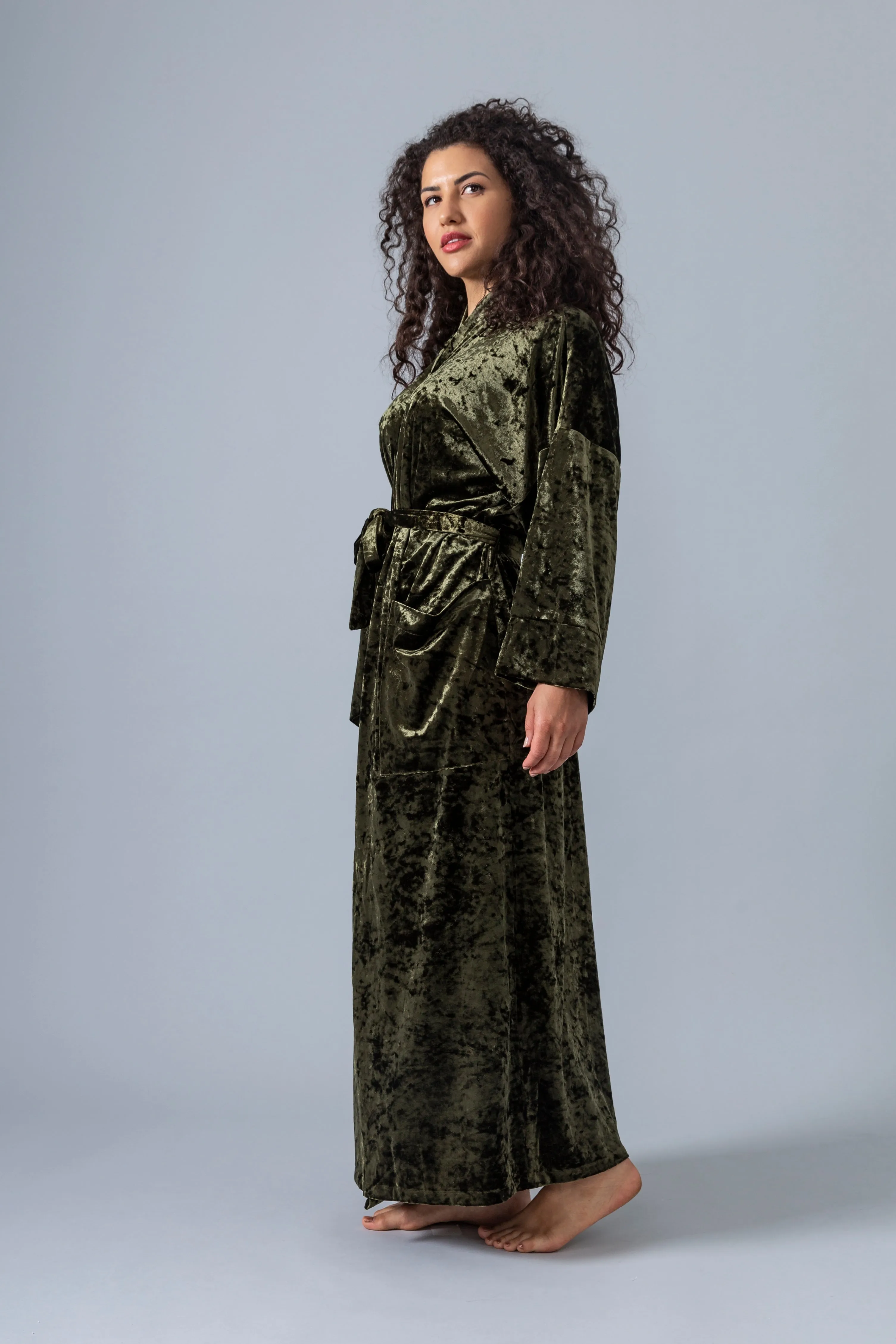Velvet Kimono Robe - Olive