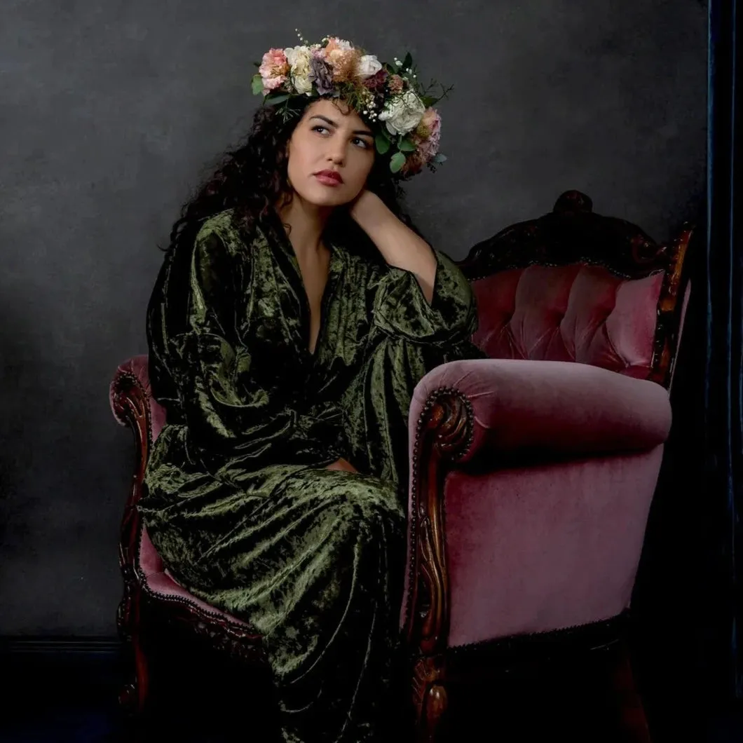 Velvet Kimono Robe - Olive