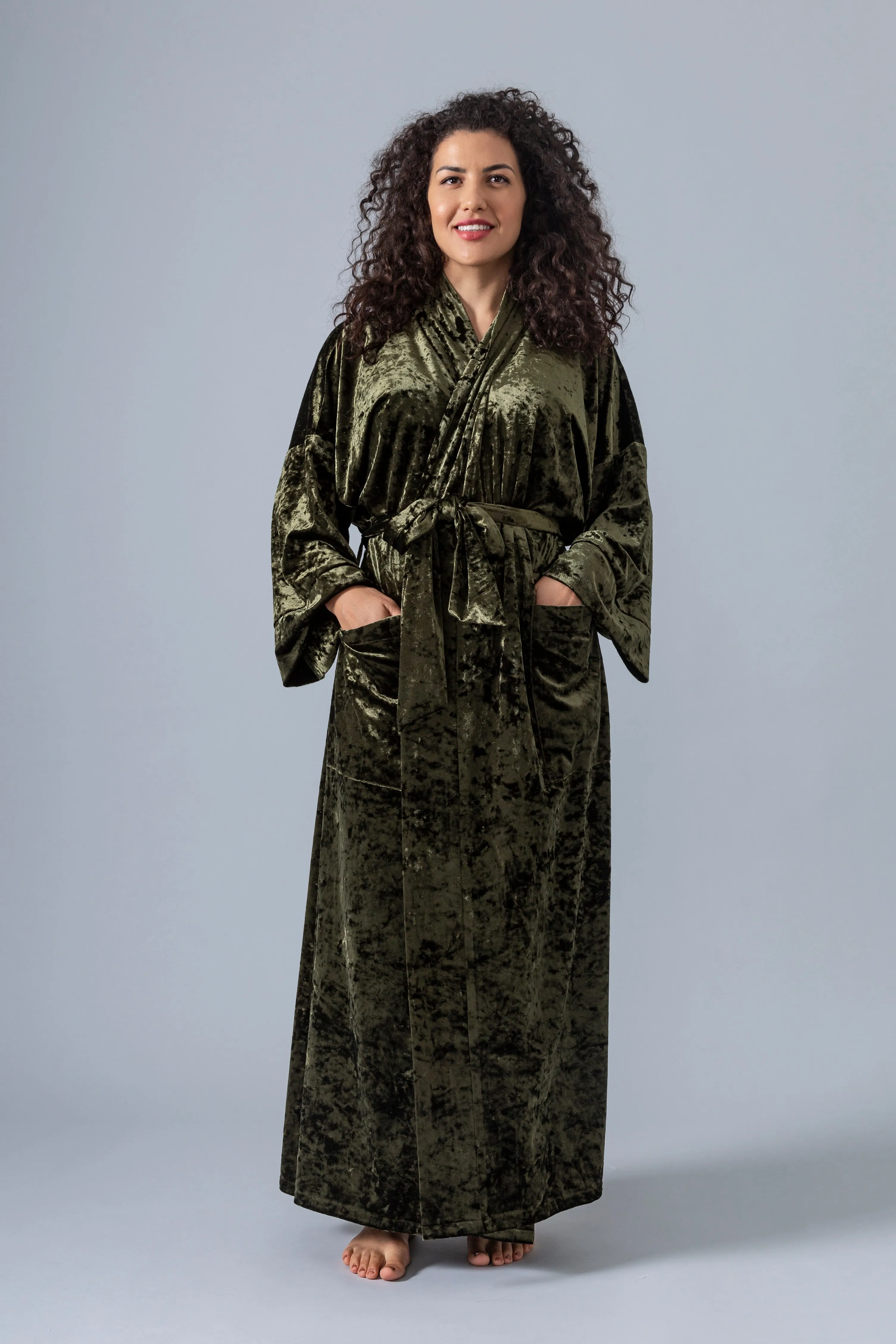 Velvet Kimono Robe - Olive