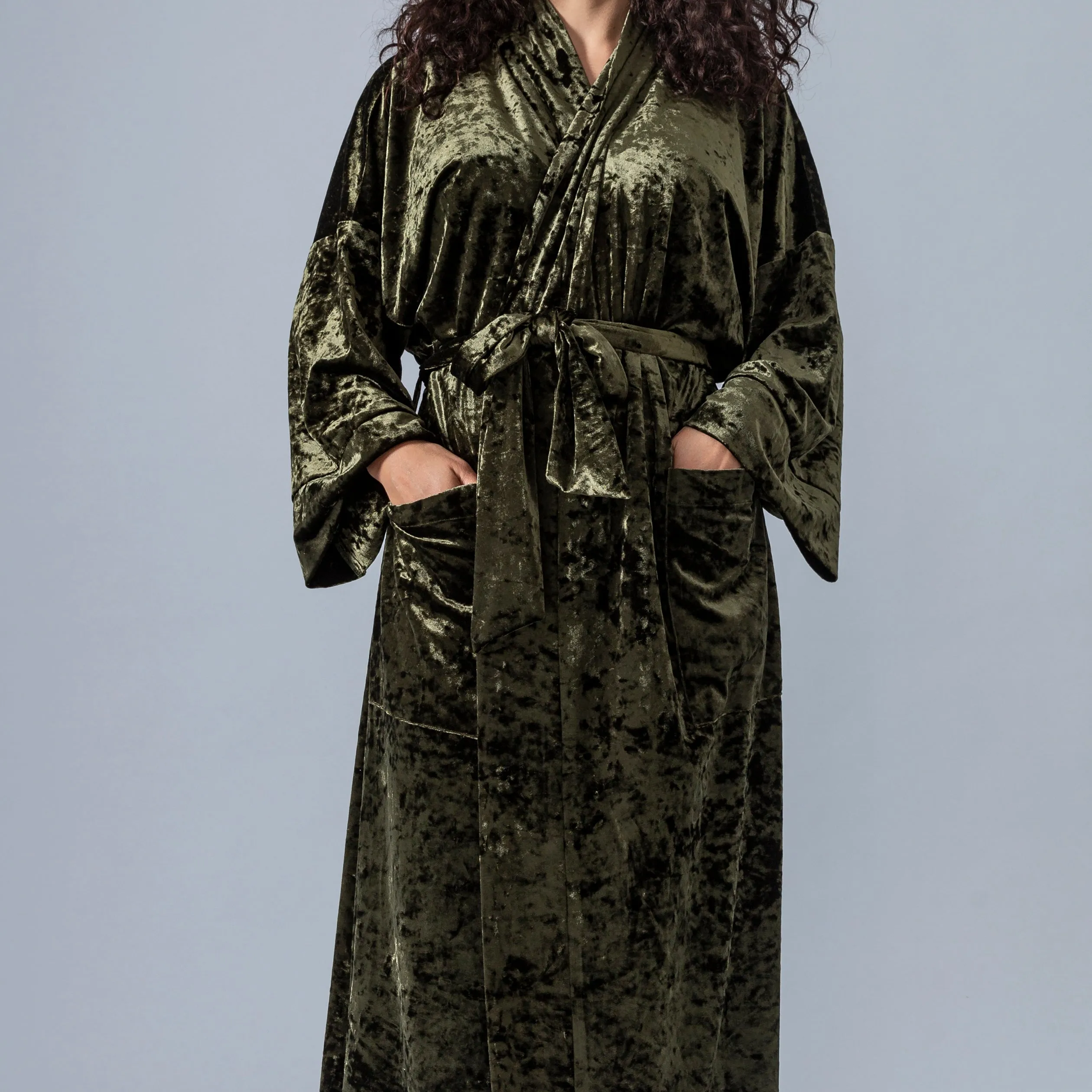 Velvet Kimono Robe - Olive