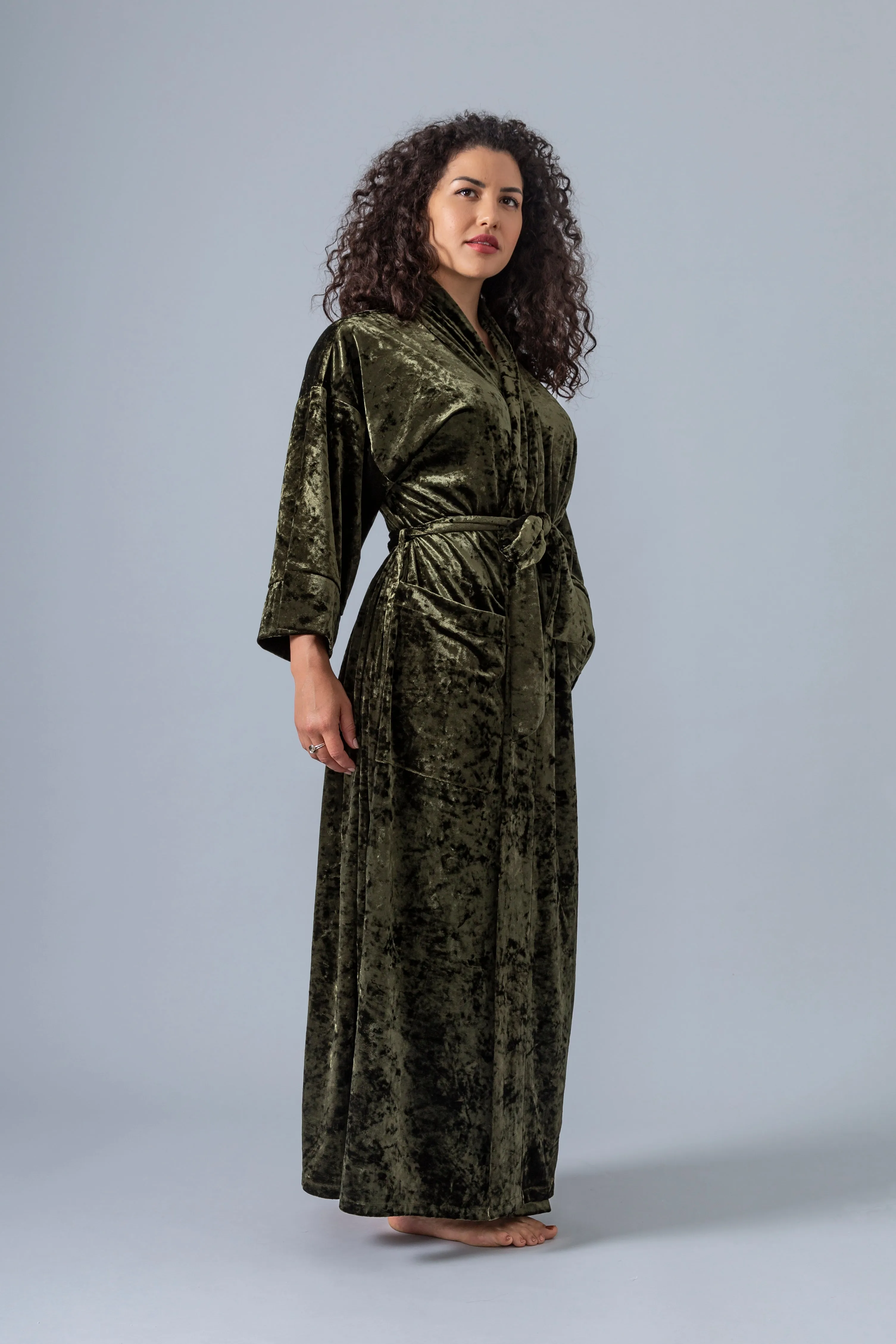 Velvet Kimono Robe - Olive