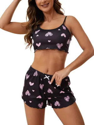 VENTELAN Womens Sleepwear Cartoon Print Lettuce Trim Cami Top and Shorts Cute Pajama SetXL
