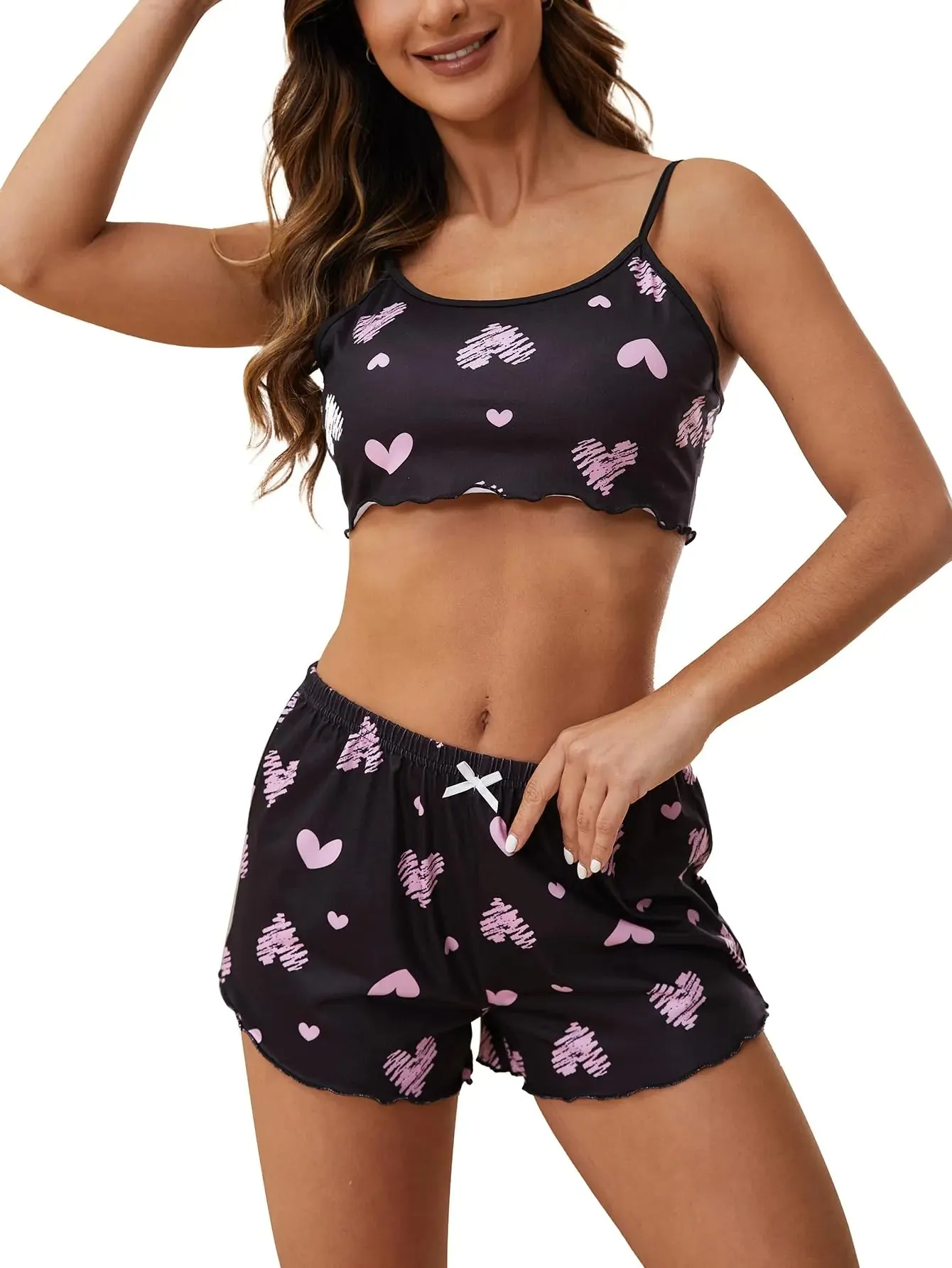VENTELAN Womens Sleepwear Cartoon Print Lettuce Trim Cami Top and Shorts Cute Pajama SetXL