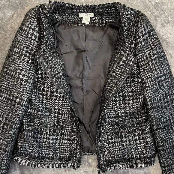 Vertigo Paris Brocade Chain Houndstooth Blazer Zip Wool Blend Jacket M