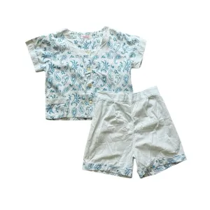 Vintage 50s Two-Piece Blue Striped Printed Top and Shorts Loungewear Set