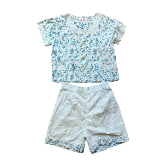 Vintage 50s Two-Piece Blue Striped Printed Top and Shorts Loungewear Set
