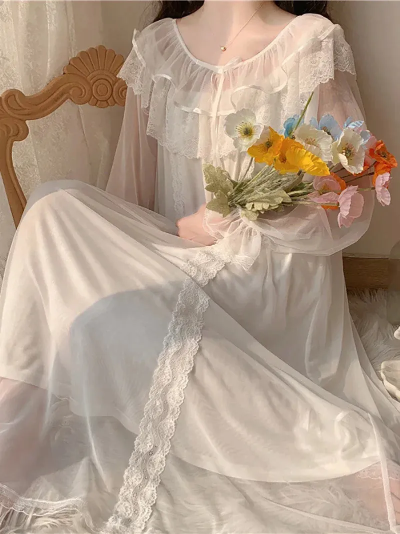 Vintage Ruffle Nightgown Lolita Princess Sleepwear White Lace Mesh Fairy Vintage Style Nightdress Loungewear