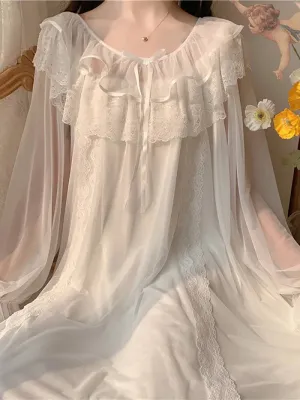 Vintage Ruffle Nightgown Lolita Princess Sleepwear White Lace Mesh Fairy Vintage Style Nightdress Loungewear