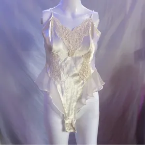 Vintage Victoria Secret Small Ivory Beaded Satin Lace Teddy Lingerie Bodysuit