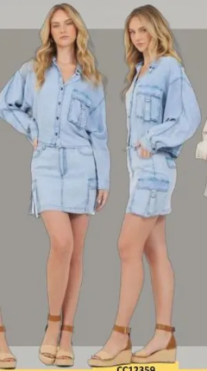 WASHED DENIM TENCEL CROPPED BUTTON UP