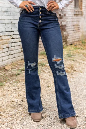 Washed Distressed Flare Bottom Jeans