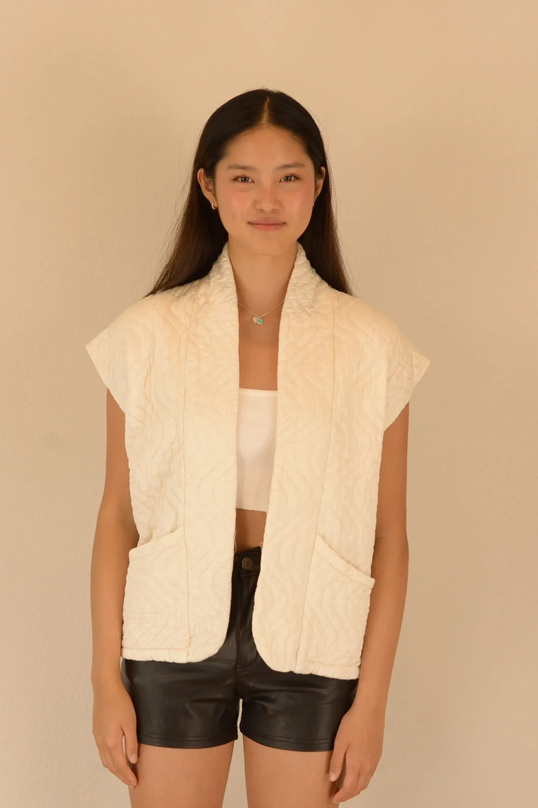 Washed Quilt Stitching Open Vest