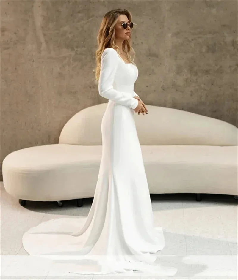 Wedding Dresses For Women Long Sleeves Square Collar Bridal Gowns