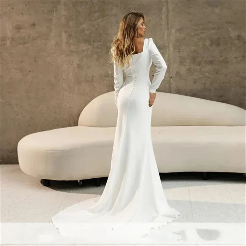 Wedding Dresses For Women Long Sleeves Square Collar Bridal Gowns