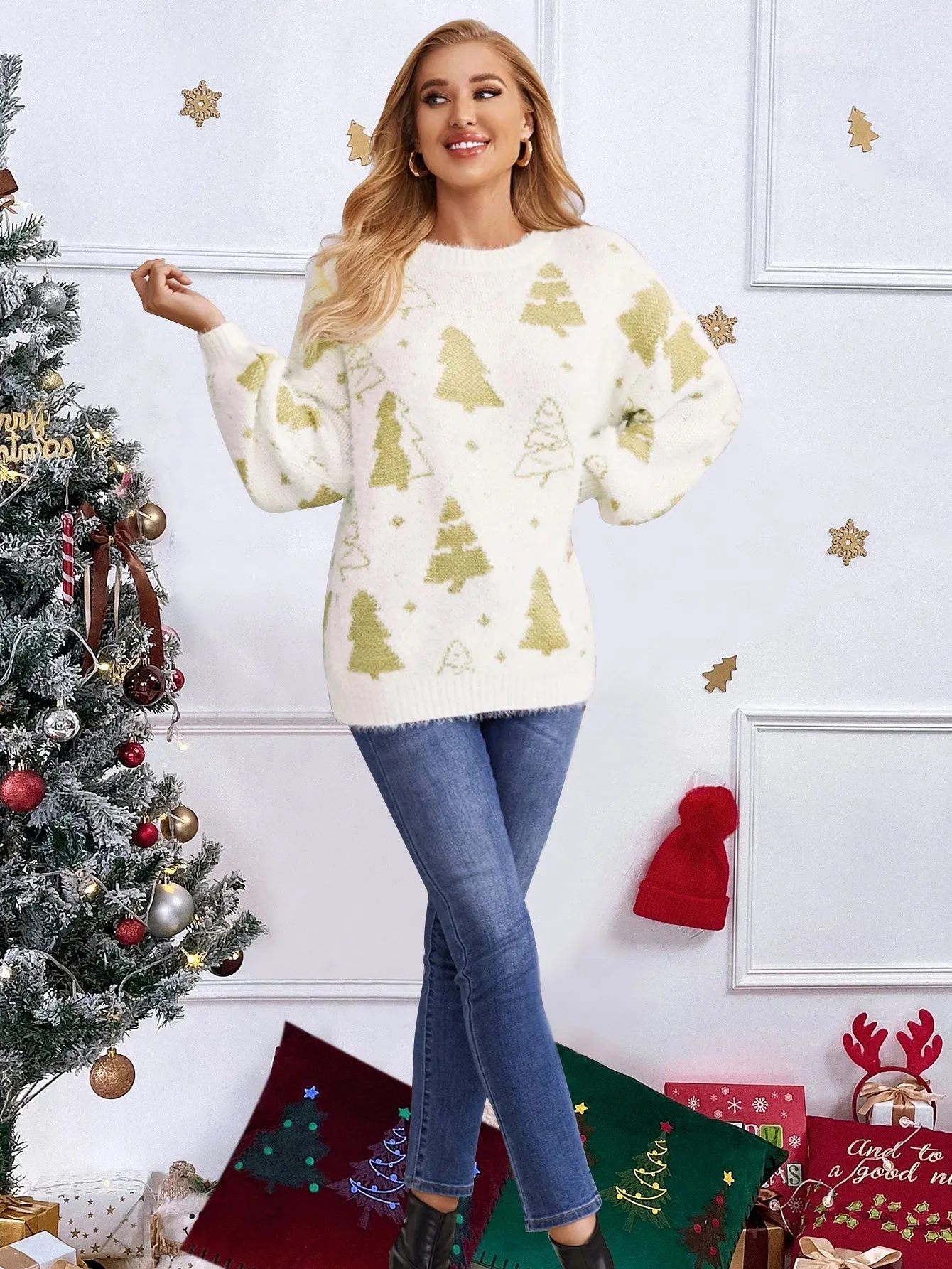 Wenkouban-Christmas Thanksgiving outfits_Multi-color Christmas Tree Design Round Neck Loose Lazy Wind Christmas Sweater