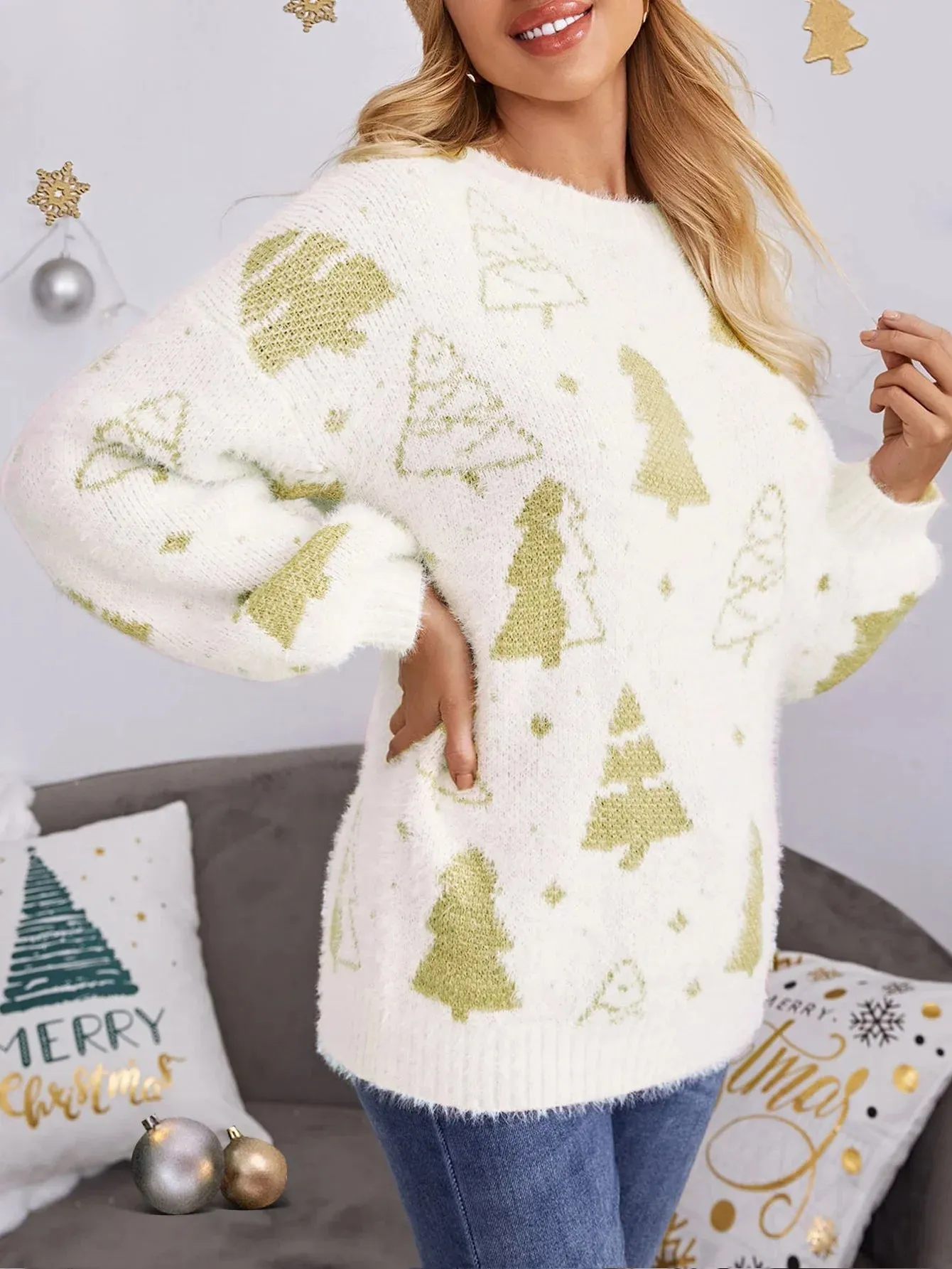 Wenkouban-Christmas Thanksgiving outfits_Multi-color Christmas Tree Design Round Neck Loose Lazy Wind Christmas Sweater