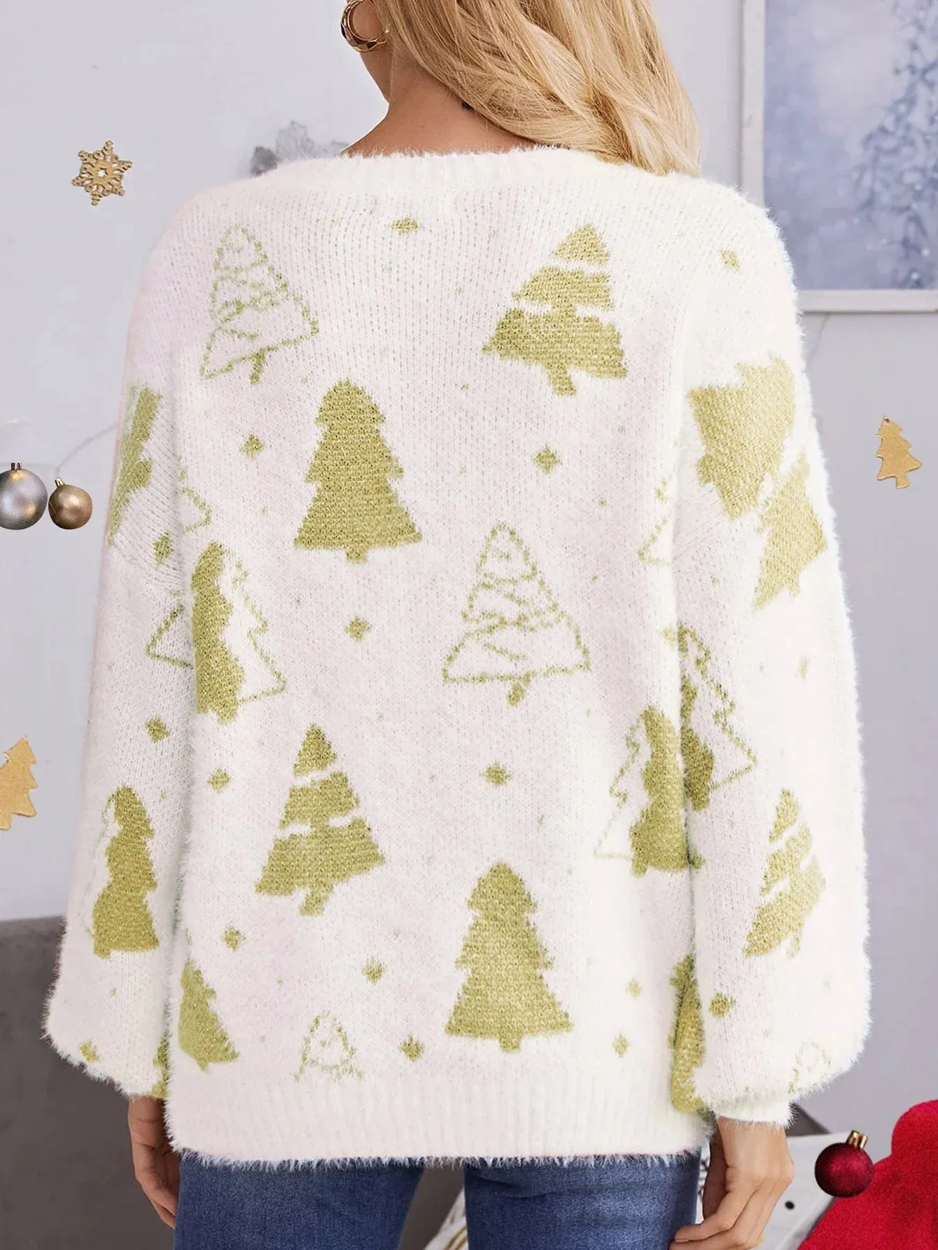 Wenkouban-Christmas Thanksgiving outfits_Multi-color Christmas Tree Design Round Neck Loose Lazy Wind Christmas Sweater