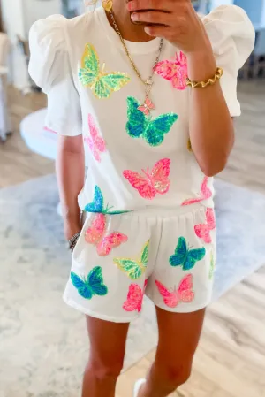 White Colorful Sequin Butterfly Pattern Puff Sleeve Top Shorts Set