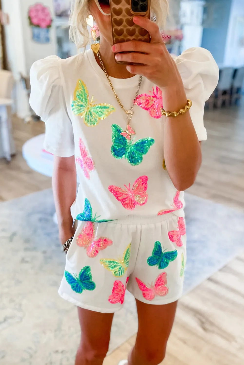 White Colorful Sequin Butterfly Pattern Puff Sleeve Top Shorts Set